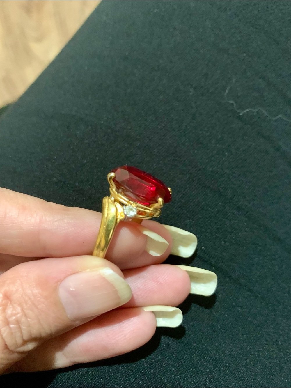 Vintage Gold Cocktail Ring with Deep Red Oval Gemstone